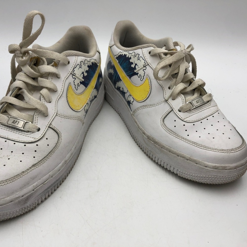 Nike Air Force 1 Low Custom Great Wave White Leather Sneakers 314192-117 Size 7Y - Picture 4 of 9